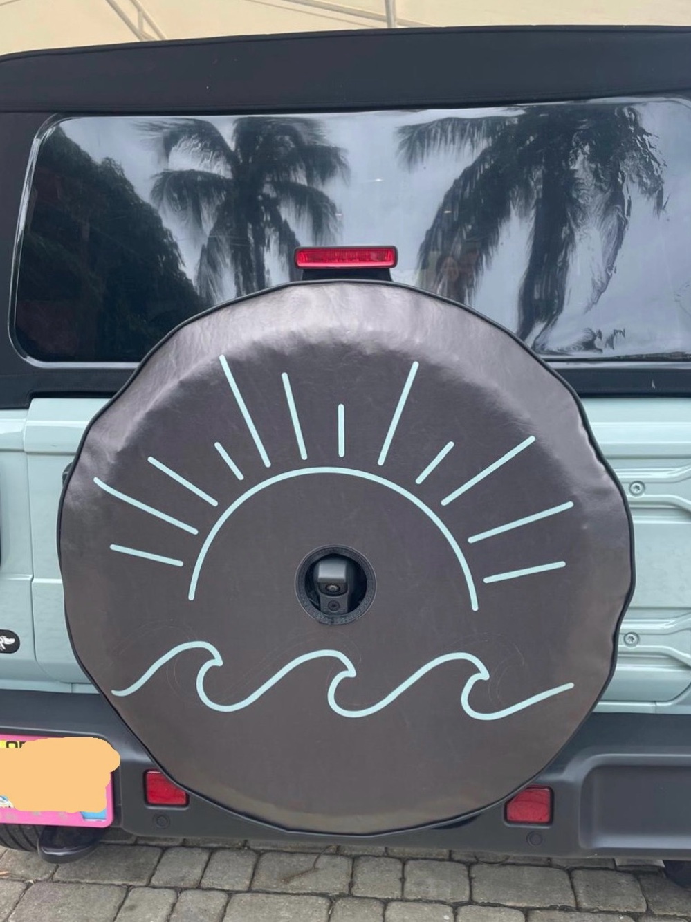 Beachy tire cover with camera hole, spare tire cover. Tire size P245/75R17